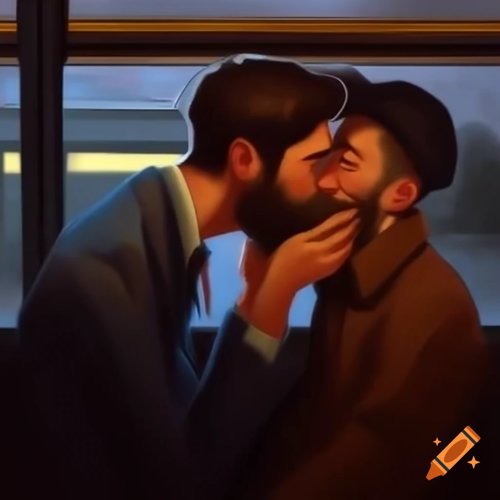 Two young men sharing a kiss on a tram during the evening