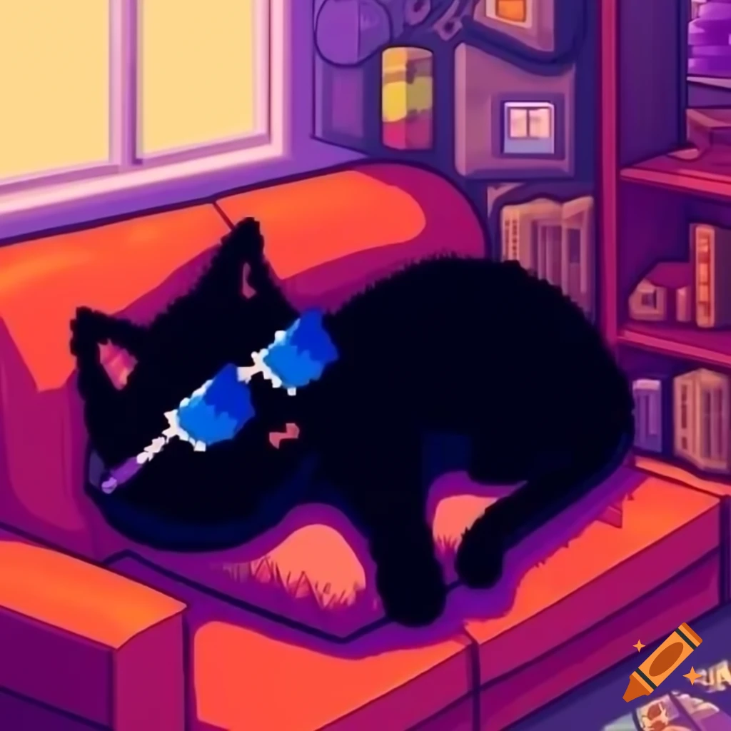 Cartoon black cat with sunglasses sleeping on couch in pixel art style