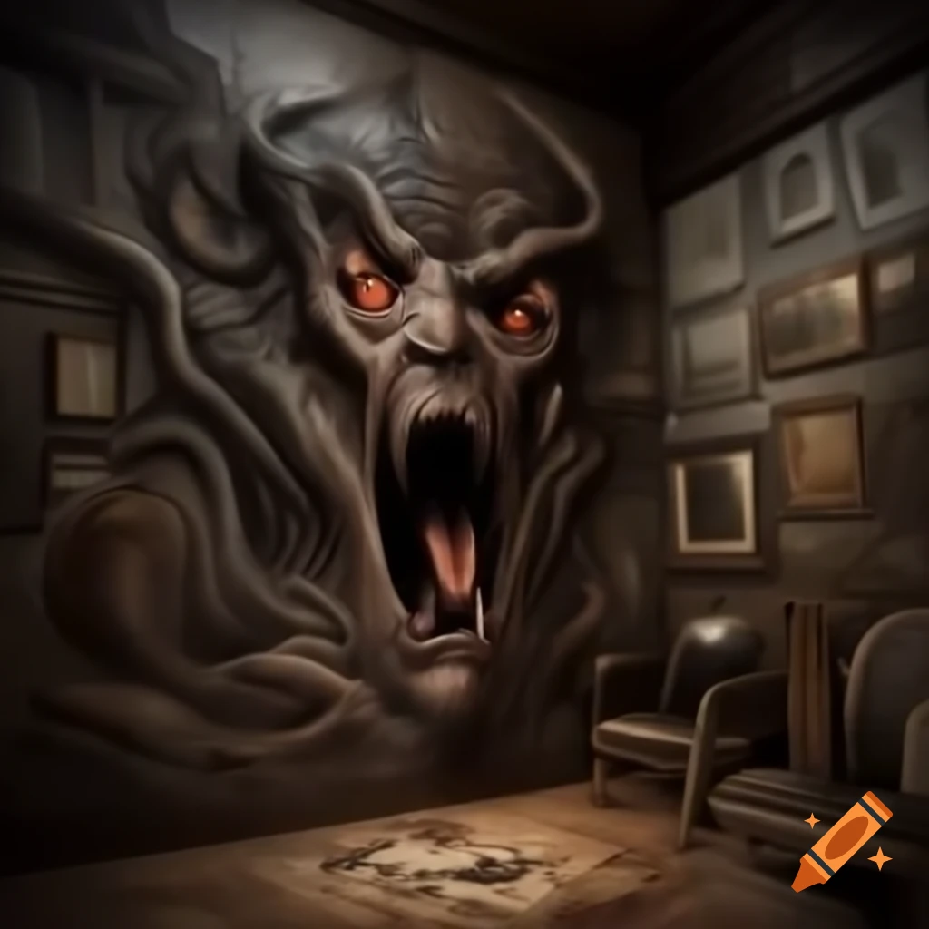 Realistic creepy house interior with demonic drawings on the walls