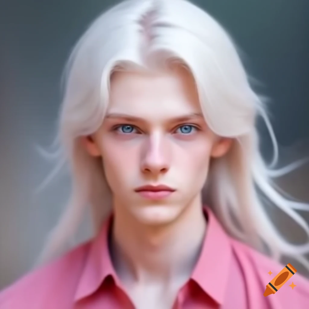 Young albino male with blue eyes and long white hair wearing pink shirt