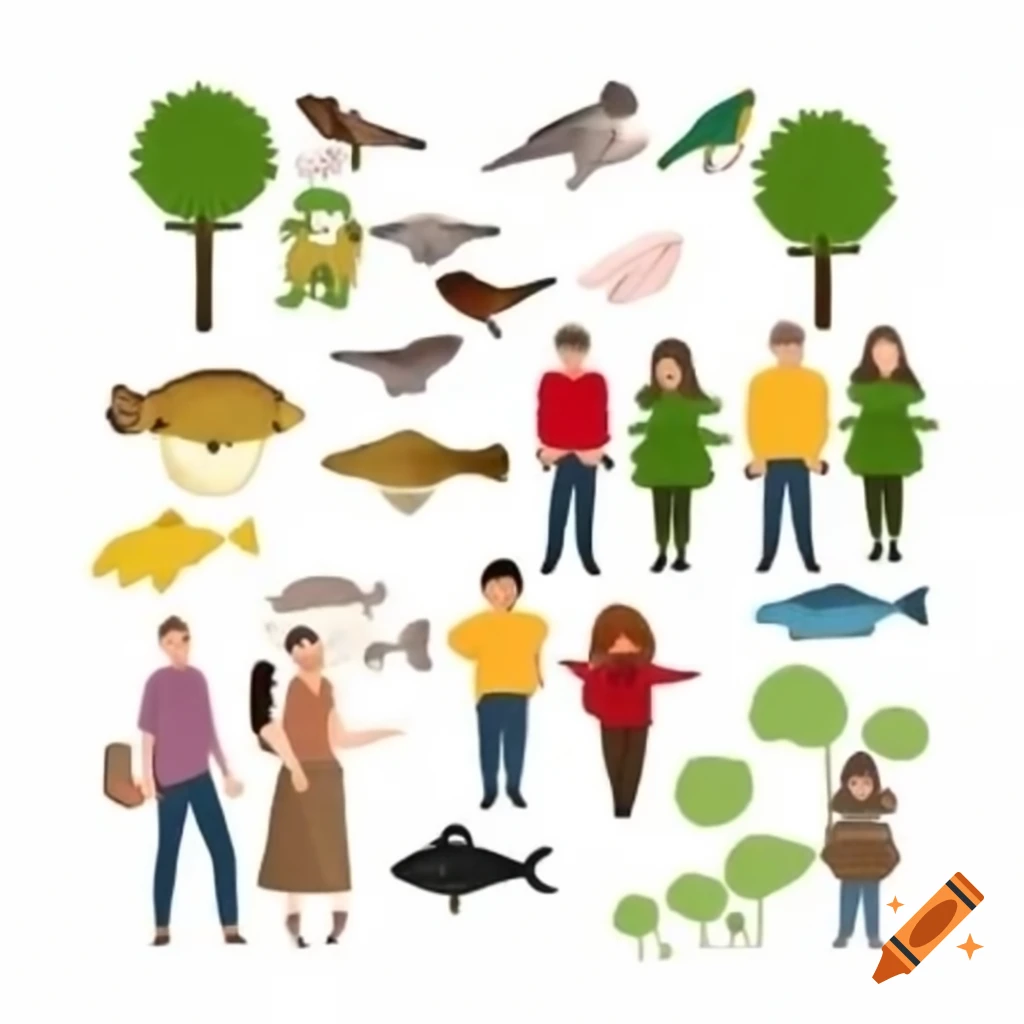 Diverse scene featuring humans, animals, birds, fish, trees, and plants