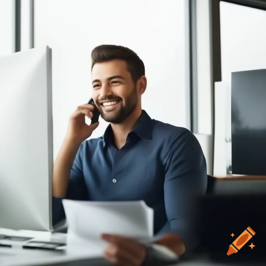 Happy businessman on phone at office desk