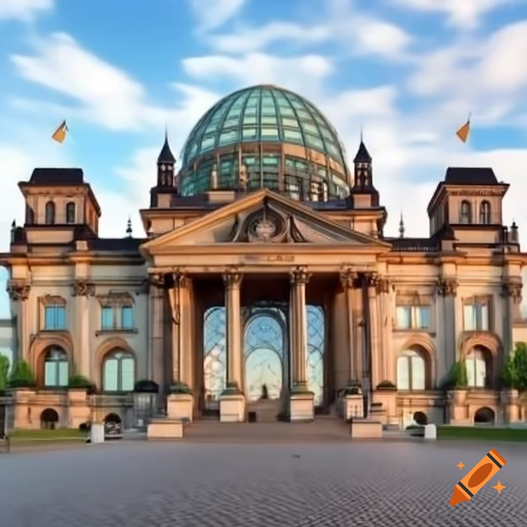 Architectural fusion of Berlin's Reichstag and Moscow's Kremlin with intricate details