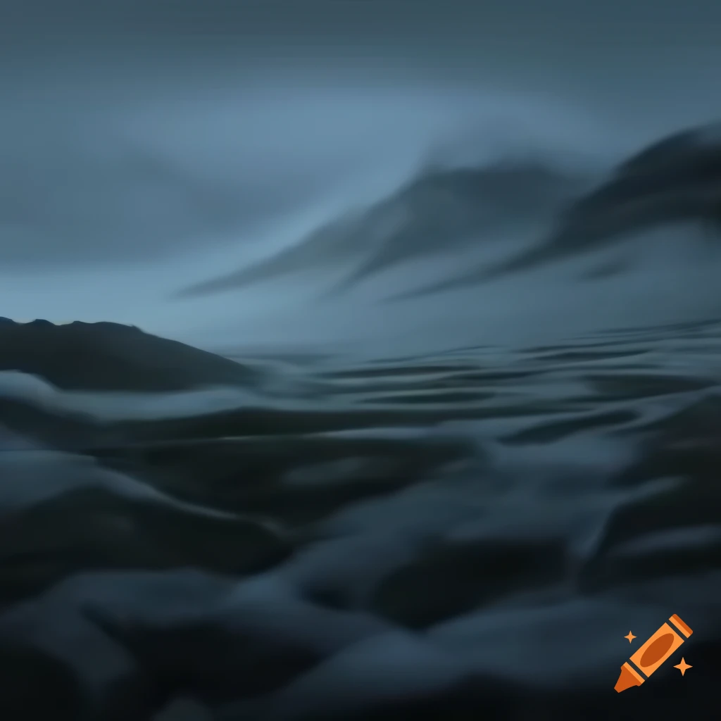 Mountainous vista covered in dark swirling blizzard