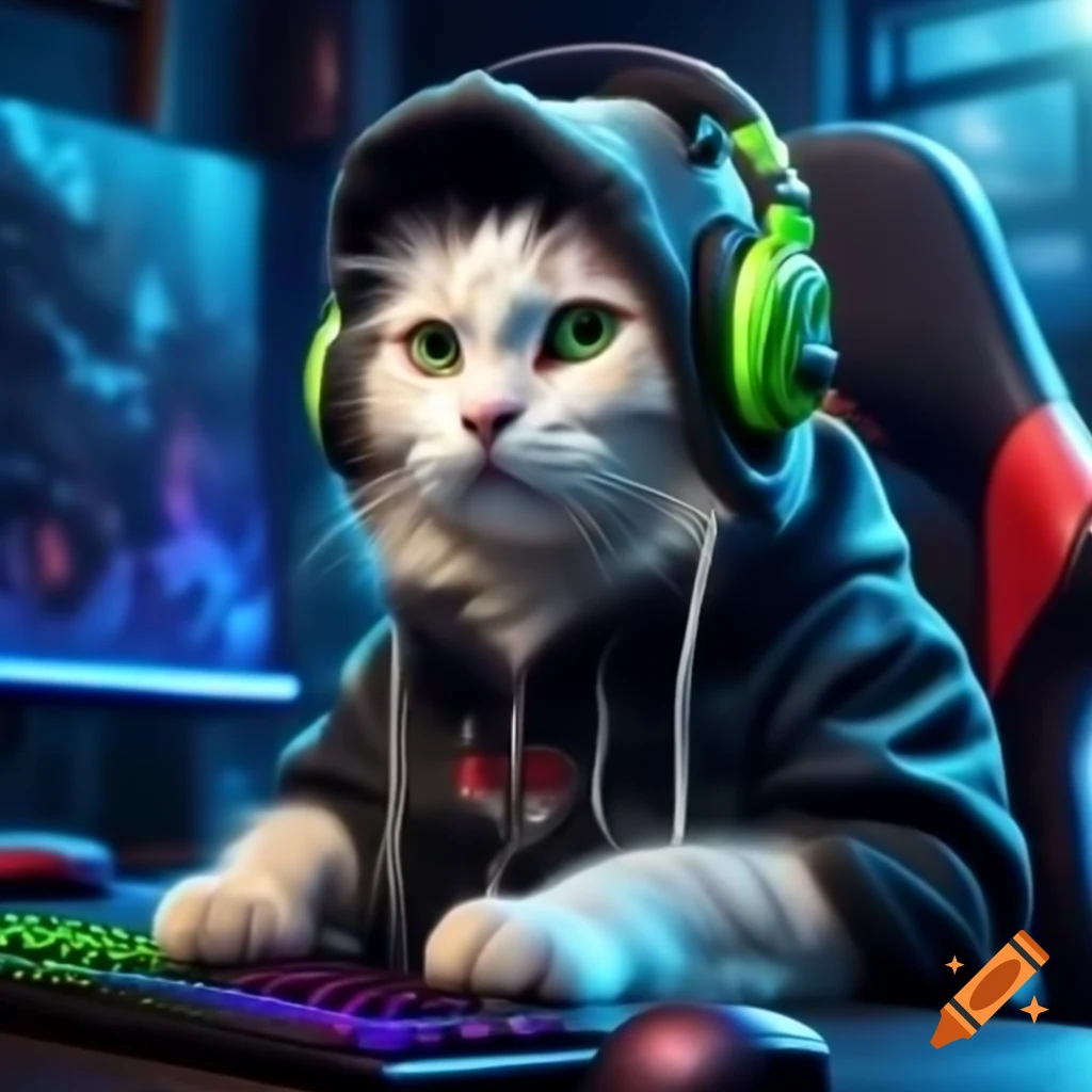 Snowy white cat in black hoodie with headphones sitting in gaming chair