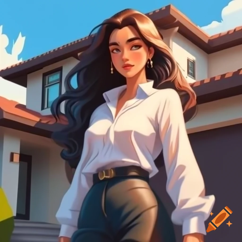 Confident woman with flowing hair outside modern house in sunny neighborhood