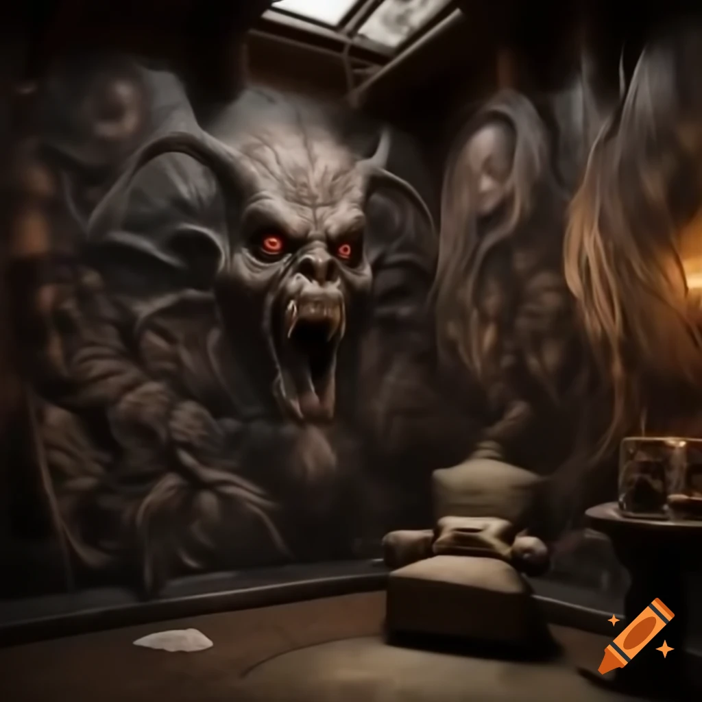 Realistic scary house interior with large room featuring demonic drawings on walls
