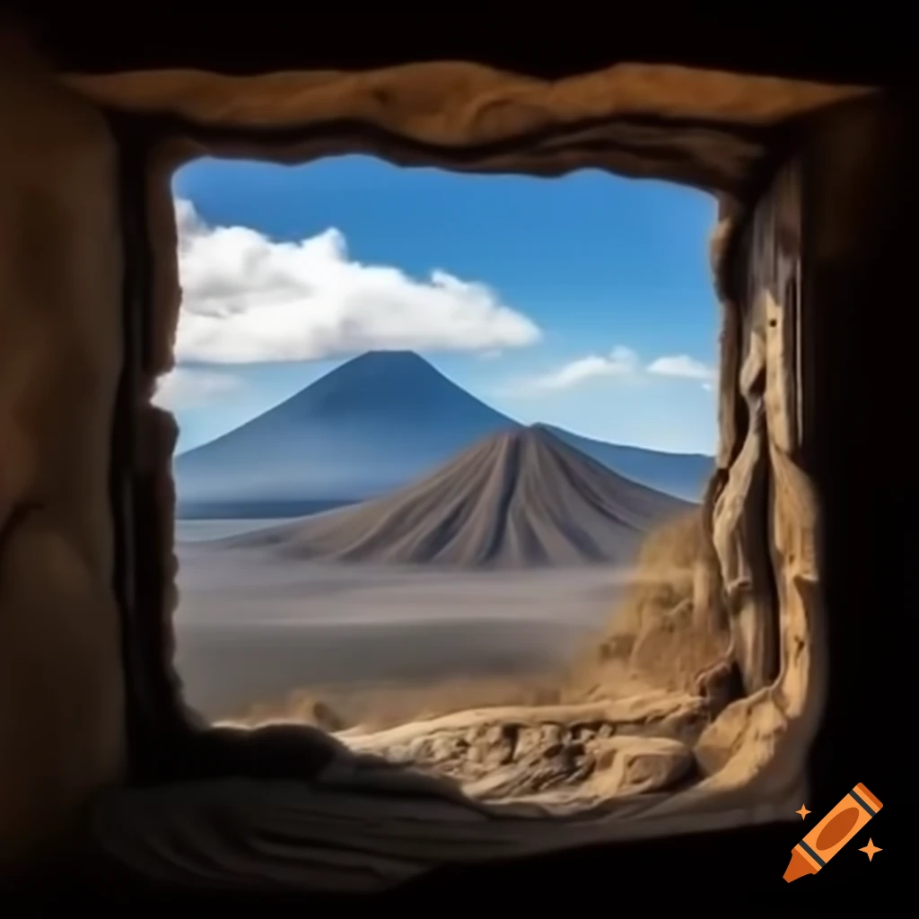 Window view of a volcanic wasteland landscape