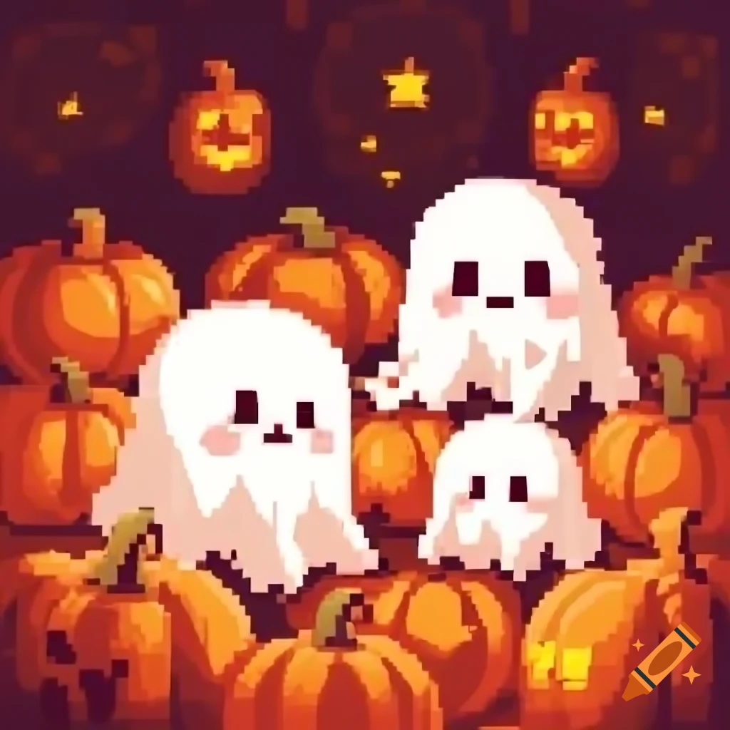 Cute pixelated ghosts surrounding pumpkins