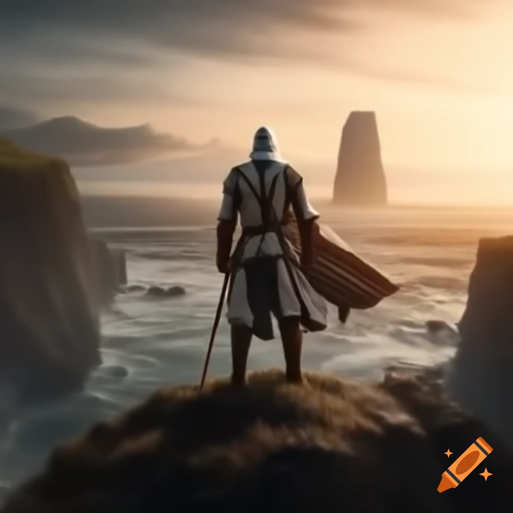 Templar warrior on mountain cliff overlooking ocean at sunrise