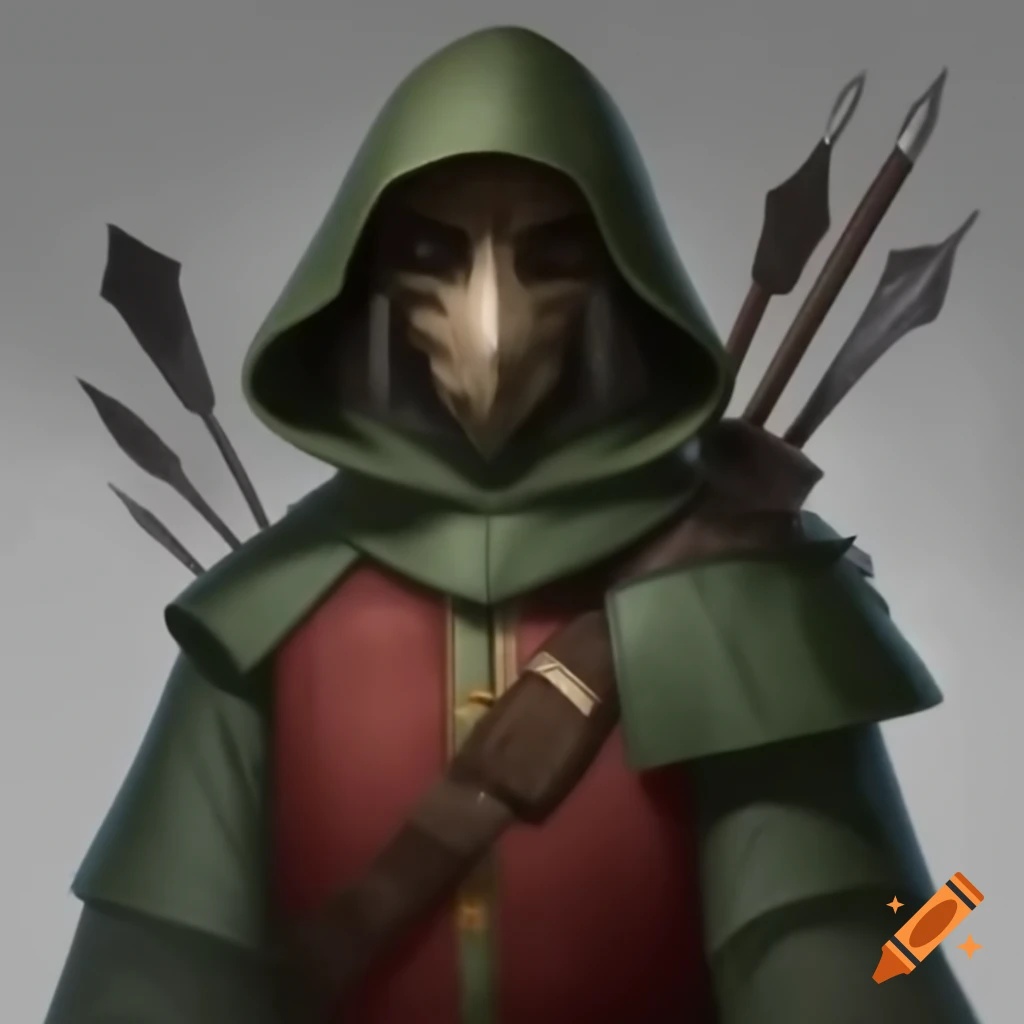 Androgynous Robin Hood character with bow and arrows, wearing a medieval mask