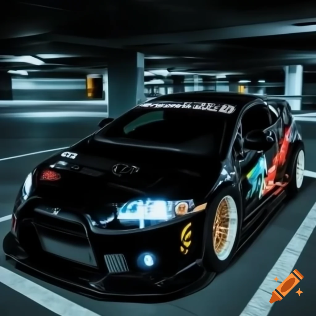 Customized black Mitsubishi Eclipse 2012 with graffiti decals in underground parking lot