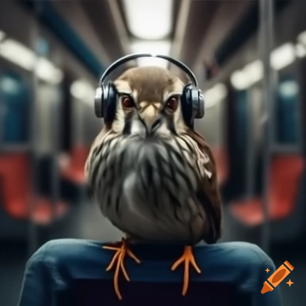 Sparrow bird sitting in subway with headphones