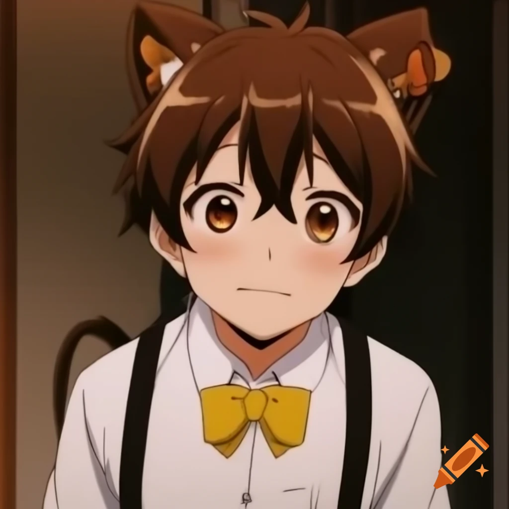 Anime boy with dog ears and tail, smiling in house interior