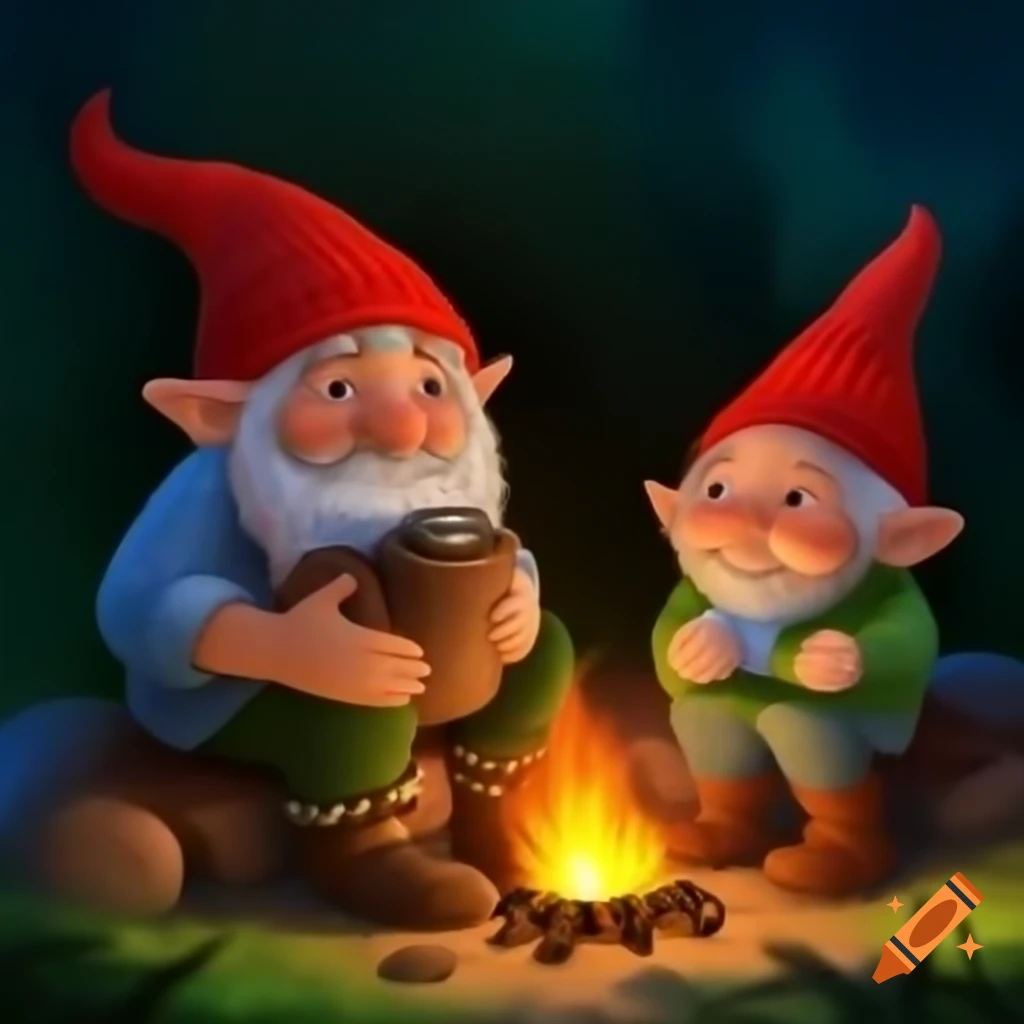 Woman and man gnome sitting by campfire