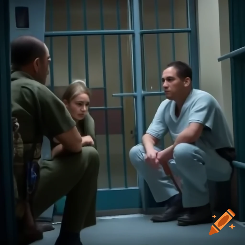 Correctional officer de-escalating tense situation with calm communication in facility