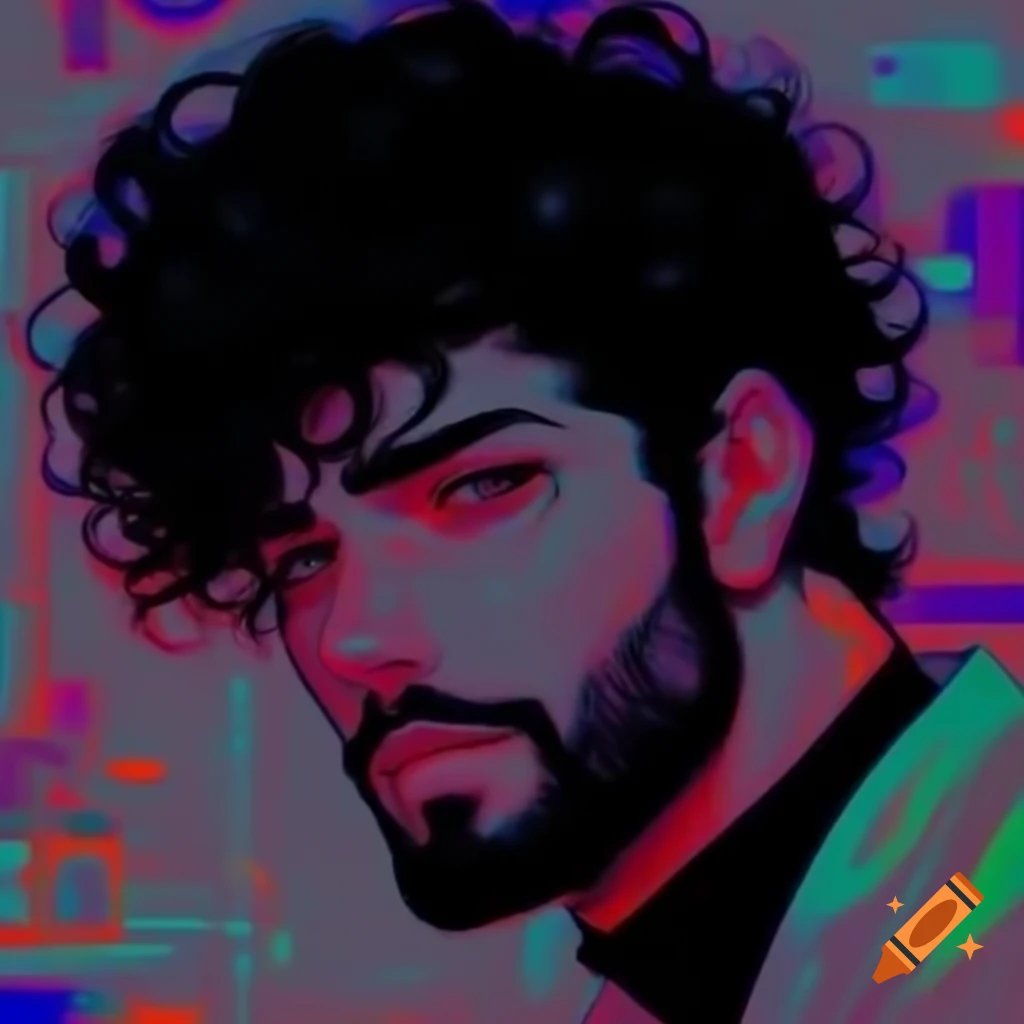 Anime character with black curly hair and beard in retrowave-glitch style