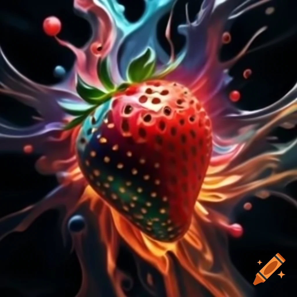 Psychedelic strawberry dissolving into colorful vortex of abstract computer code