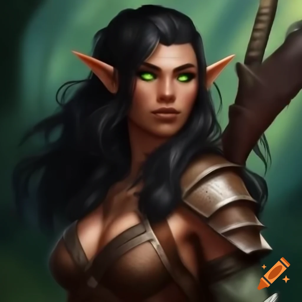 Confident female half-elf barbarian with muscular build and long black hair
