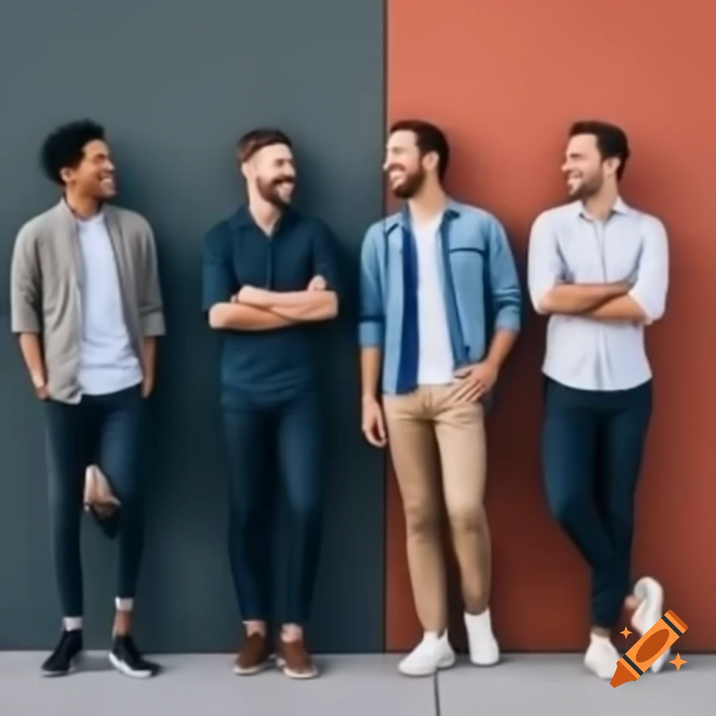Four happy men in tech standing together, colorful image