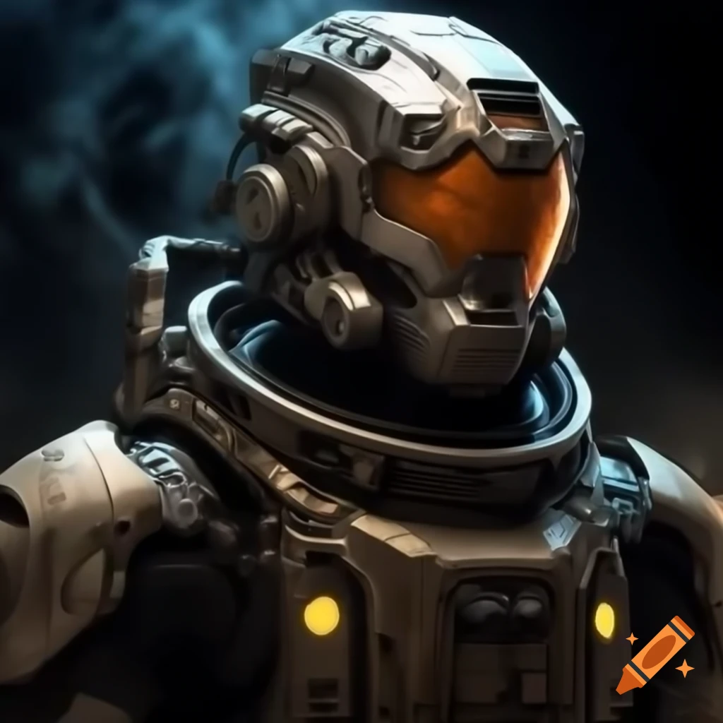 Futuristic space soldier in action pose gripping high-tech knives