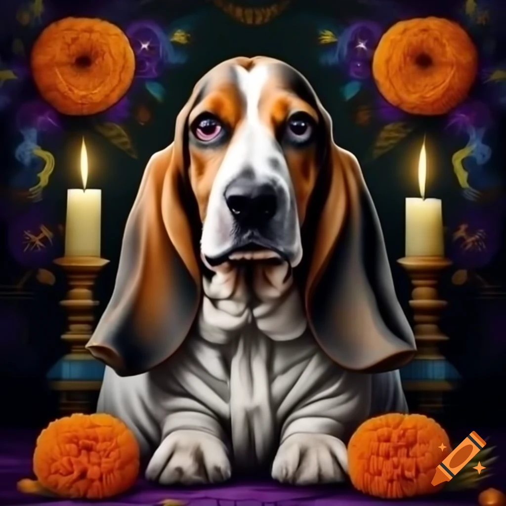 Basset Hound dog dressed as a ghost for Halloween with sheet costume and eye holes