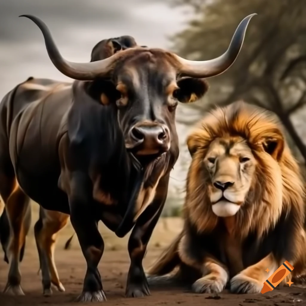 Bull standing next to lion