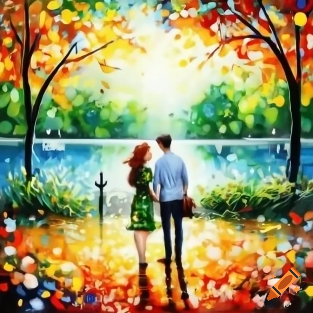 Couple standing by lake in a park, in the style of Leonid Afremov