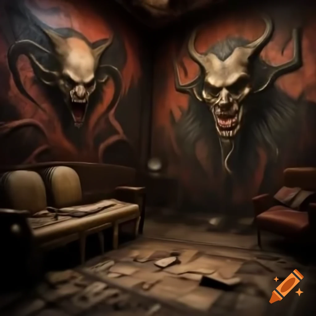 Realistic scary house interior with demonic drawings on walls