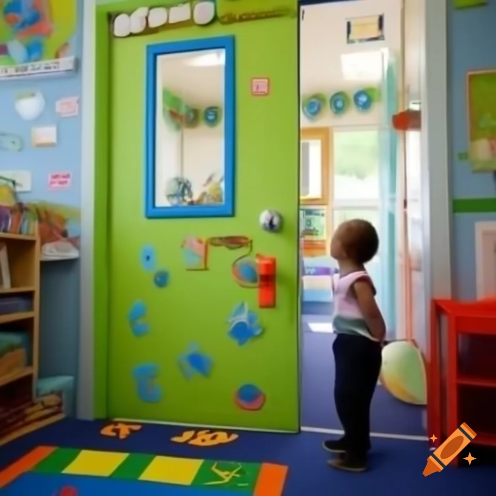 Child next to locked door in colorful daycare nursery