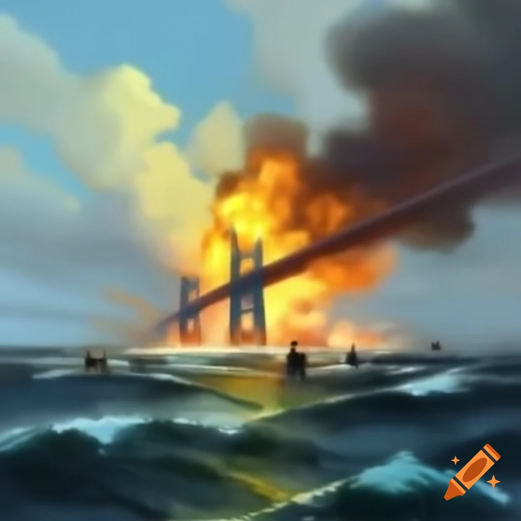 Bridge explosion over the sea