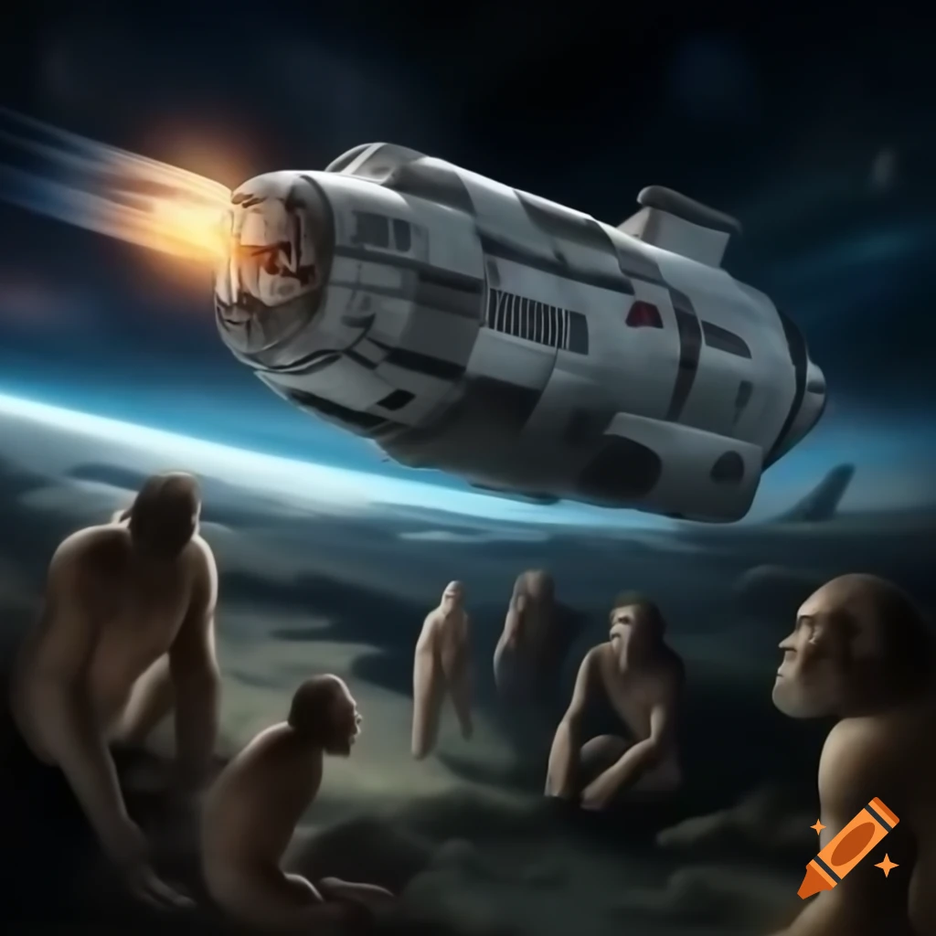 Spaceship capturing photo of group of Homo habilis