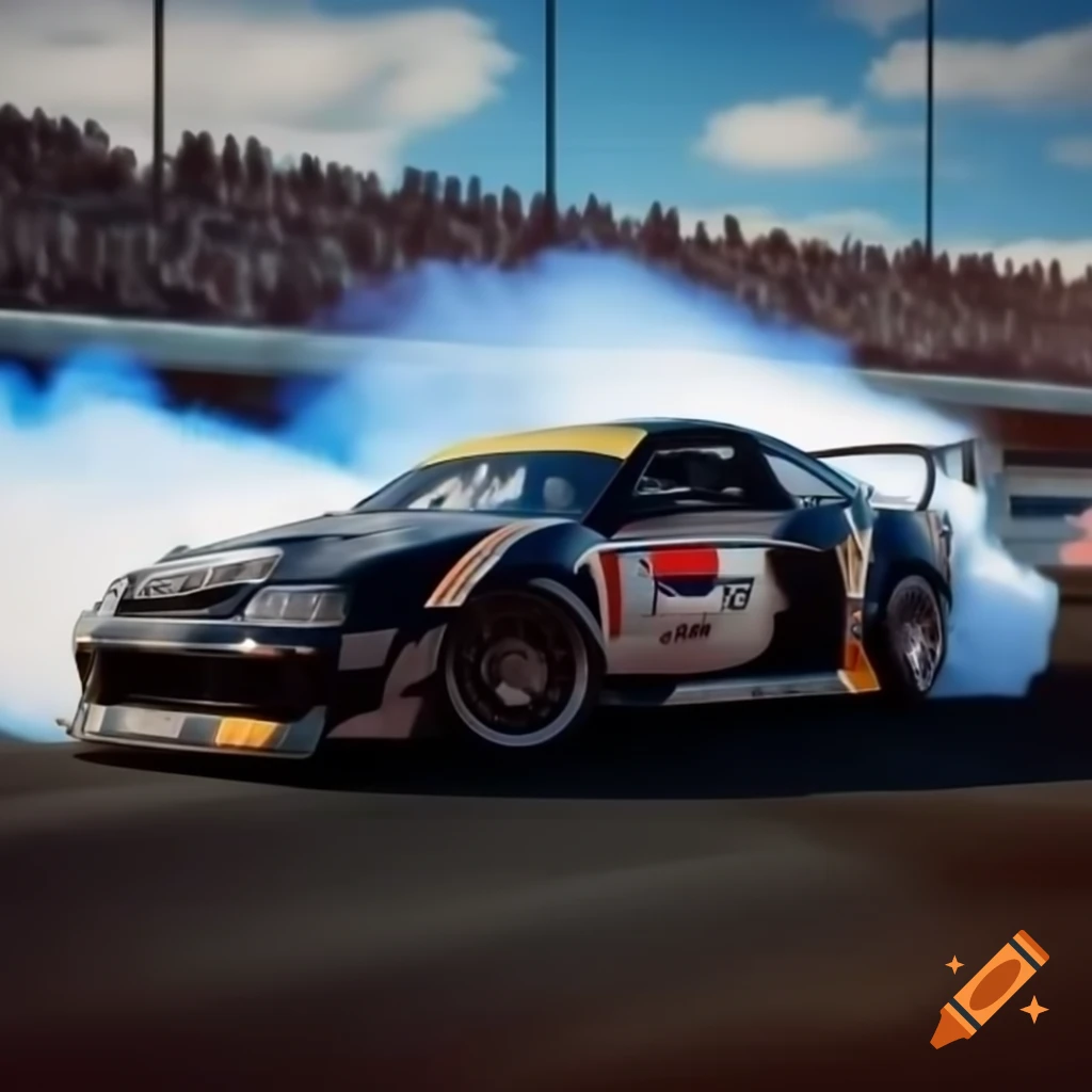 Dynamic sports car drifting on racetrack with smoke trailing from tires