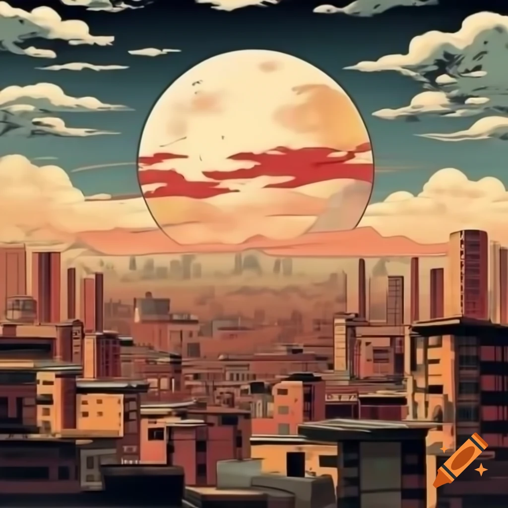 Tehran skyline with large moon, warm colors in Hokusai watercolor style
