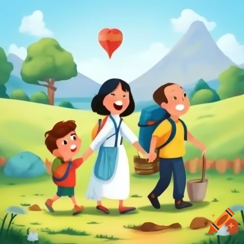 Animated family preparing for a picnic in the countryside with father carrying a backpack and mother holding a map