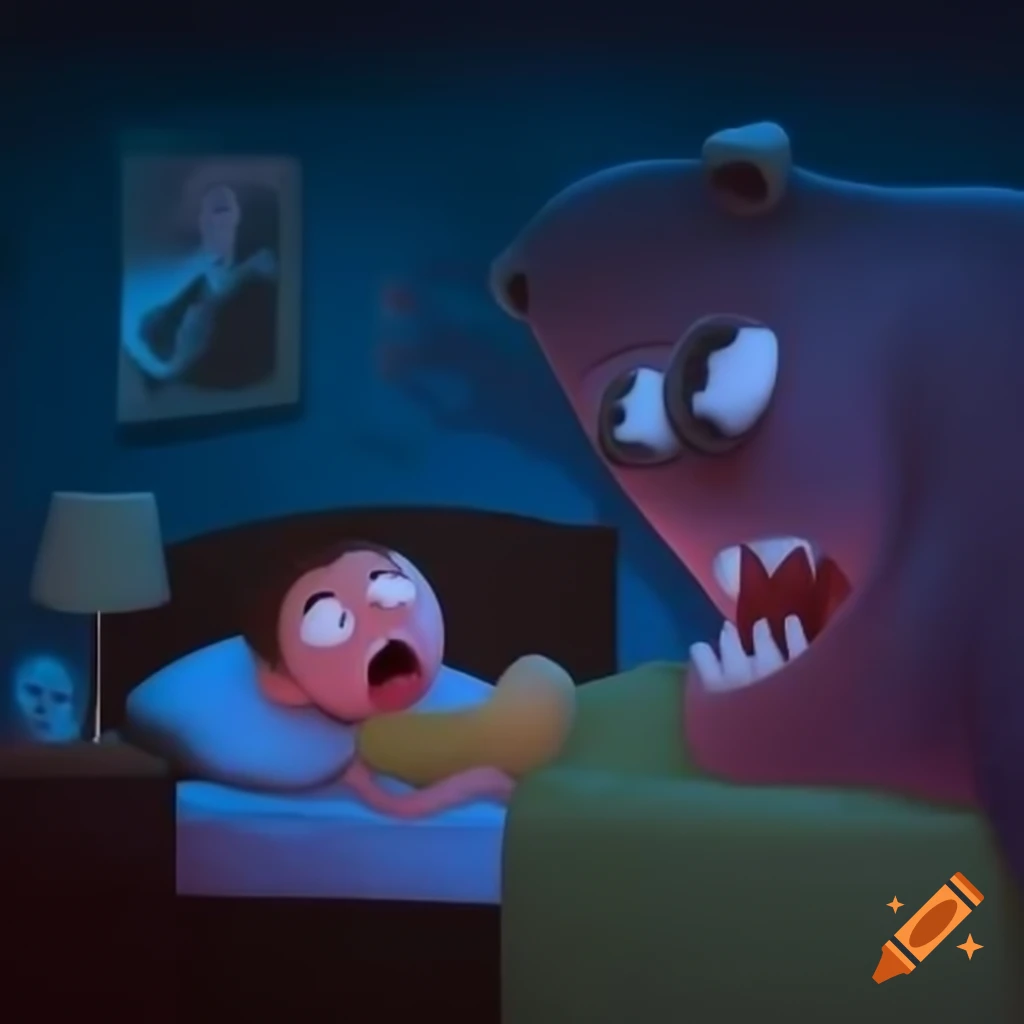 Person startled by monster hiding behind bedroom door