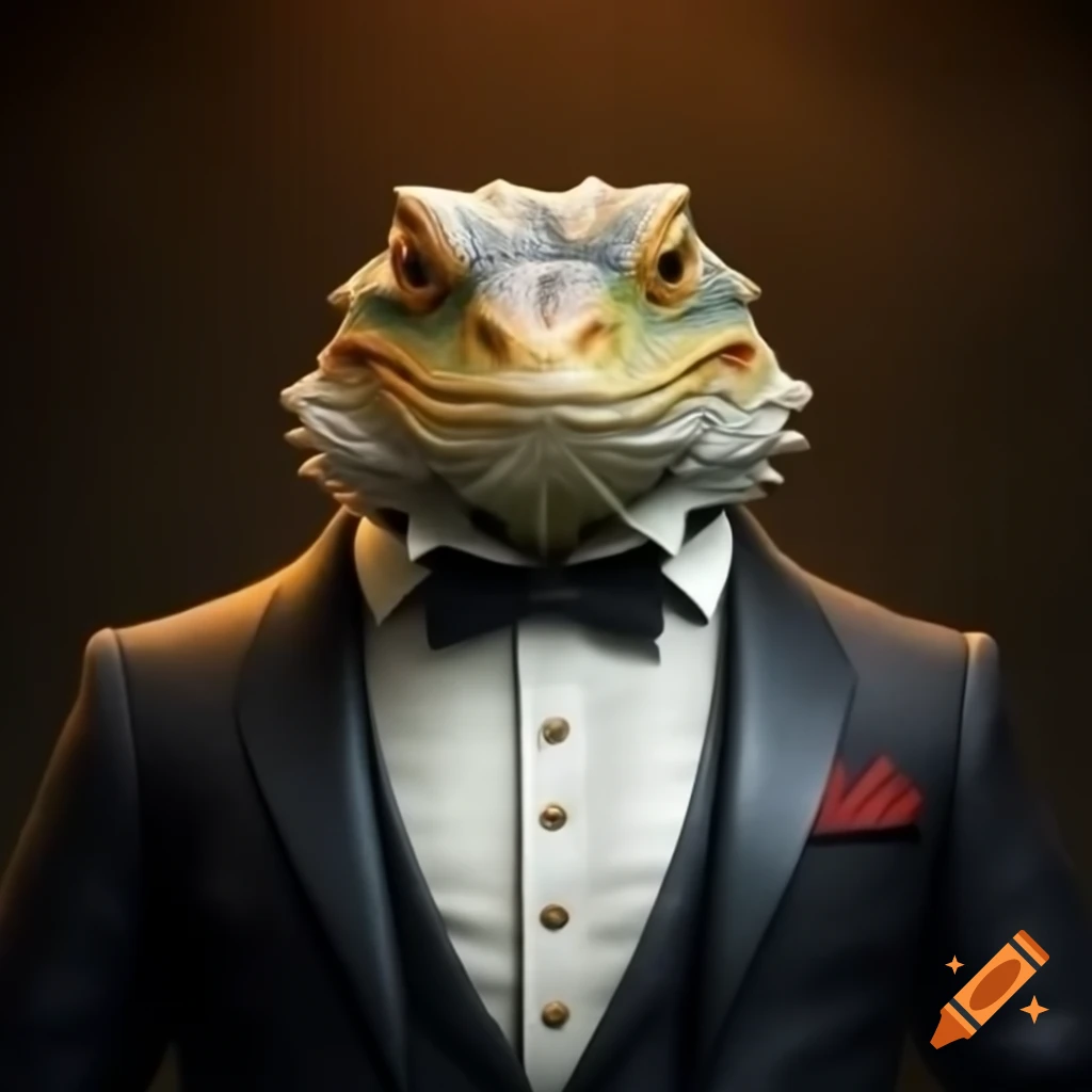Bearded dragon in tuxedo illustrated in Studio Ghibli style