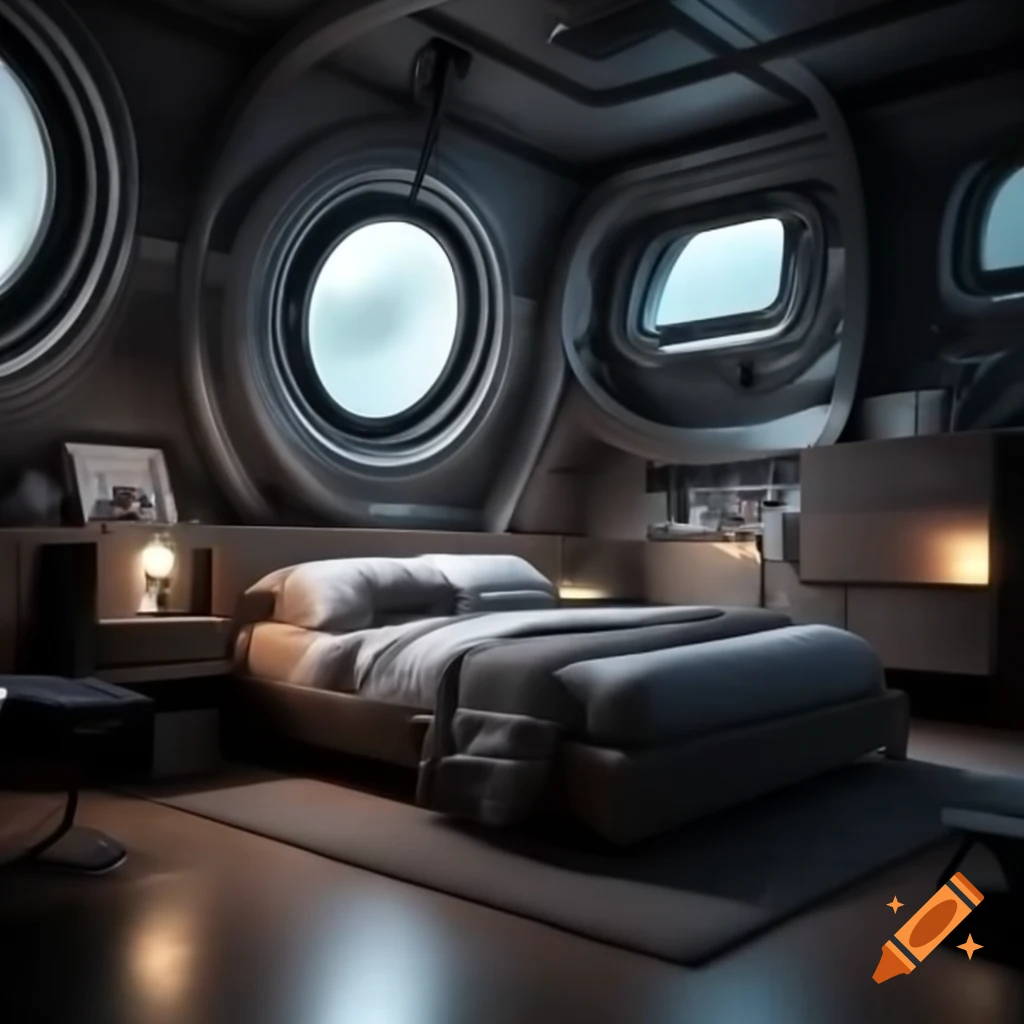 Cozy bedroom inside a small spaceship