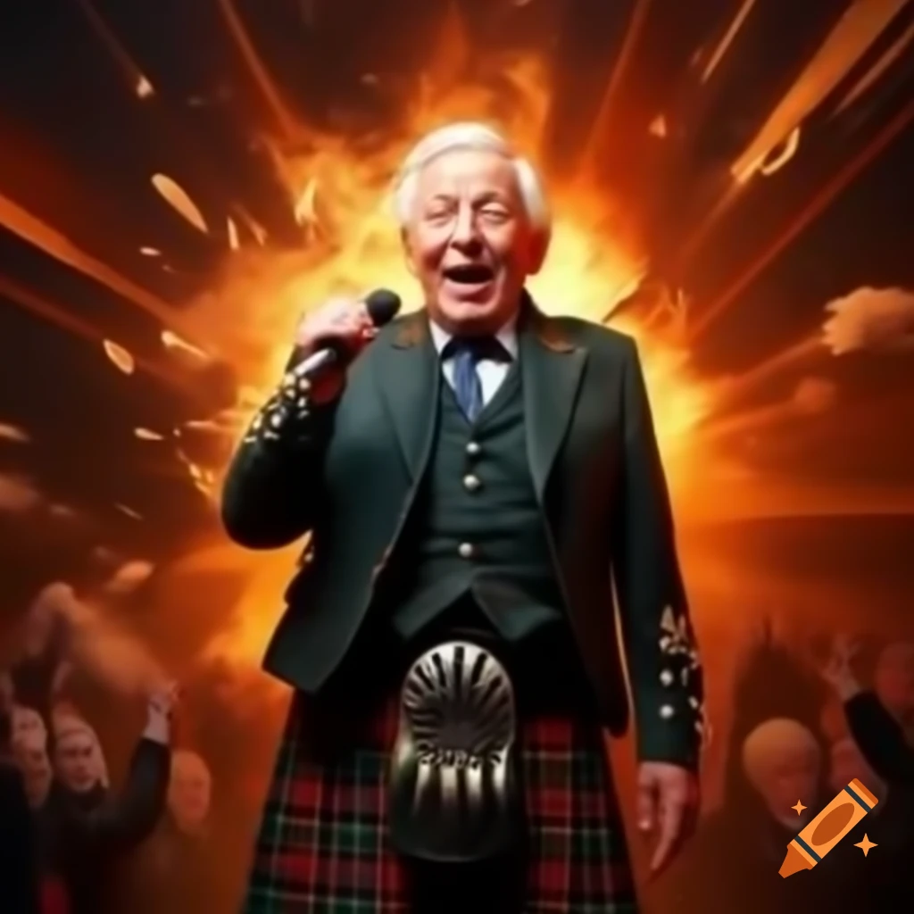 Elderly man in kilt singing with explosion in background