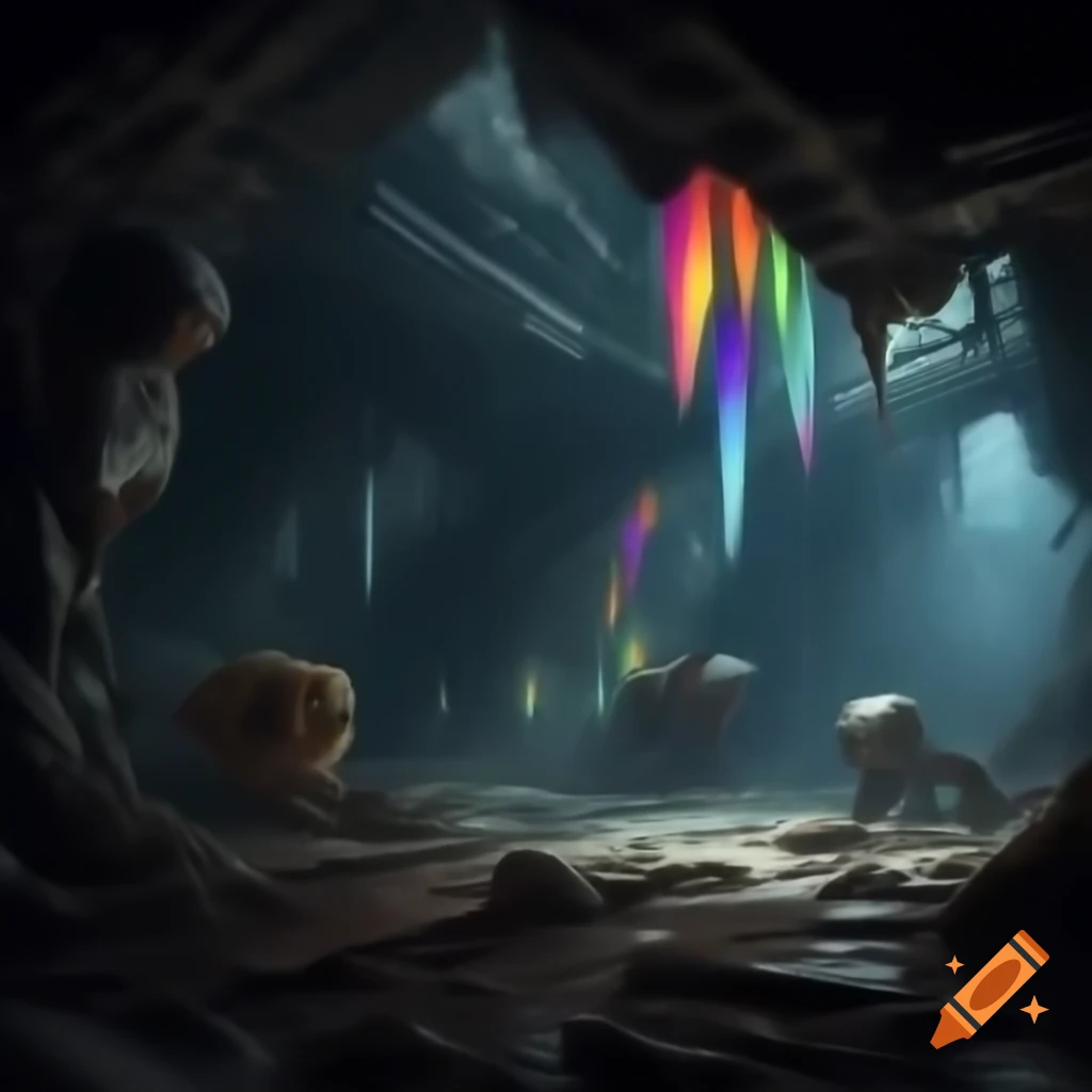 Abandoned mine cavern with glowing rainbow crystals, rope bridge, and rusty robot