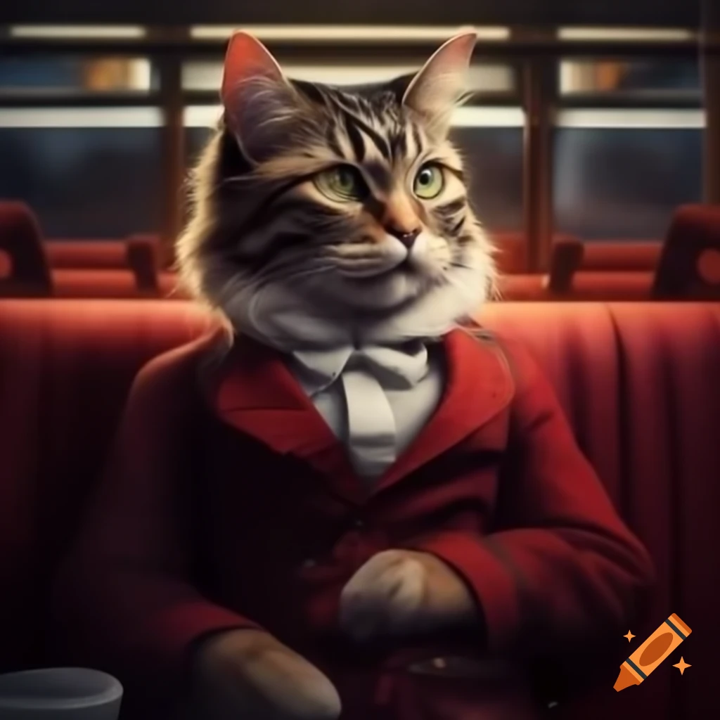 Red Maine Coon cat wearing conductor hat with DB logo, black-red train and station at sunrise