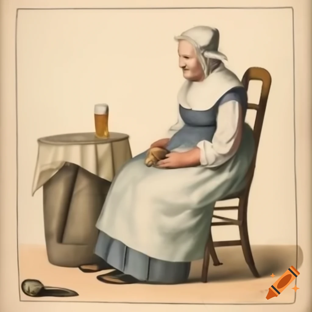 18th century elderly lady knitting in rocking chair with dark beer on wooden table, Grannies Favourite label