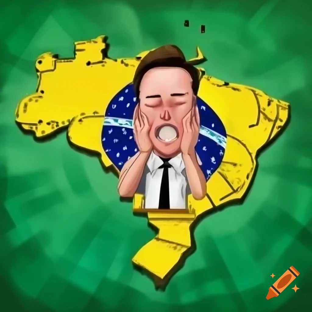 Cartoon of Elon Musk crying over map of Brazil with Brazilian flag