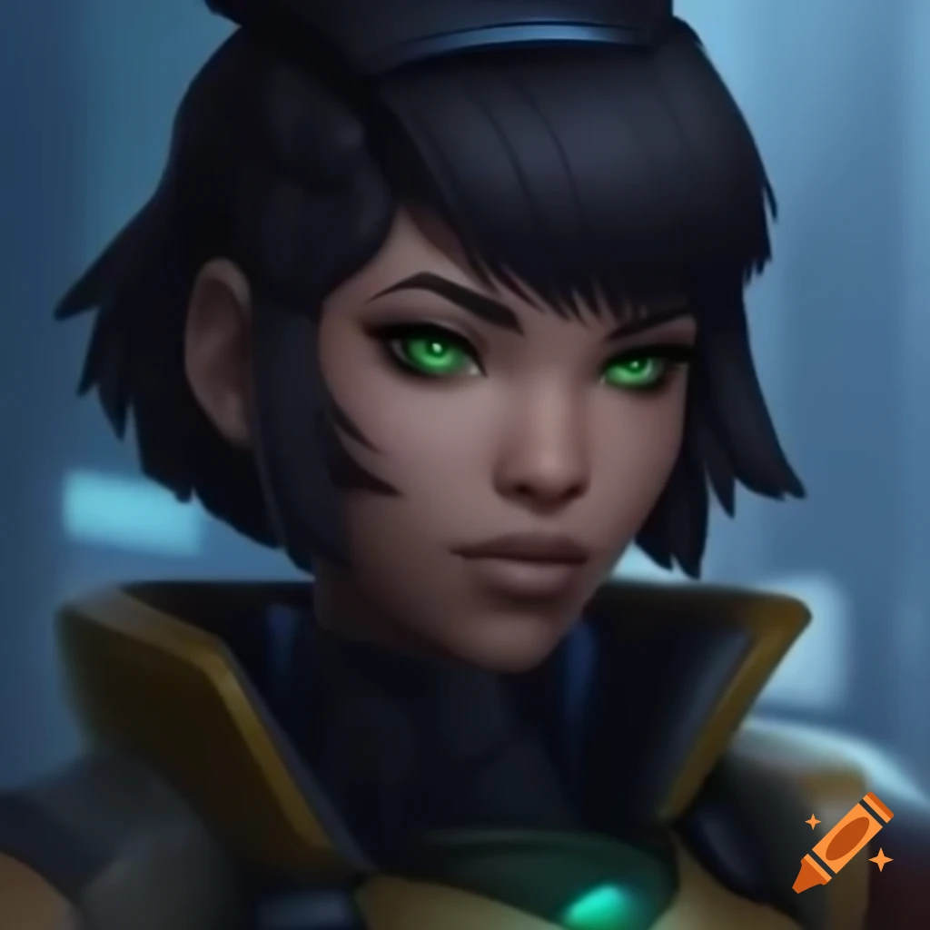 Futuristic female soldier with brown skin and green eyes in Kowloon City