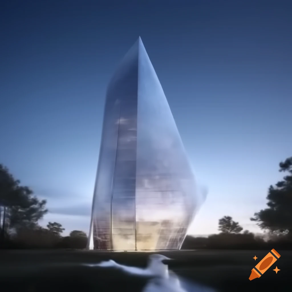 Futuristic building design featuring giant transparent quartz crystal at the center