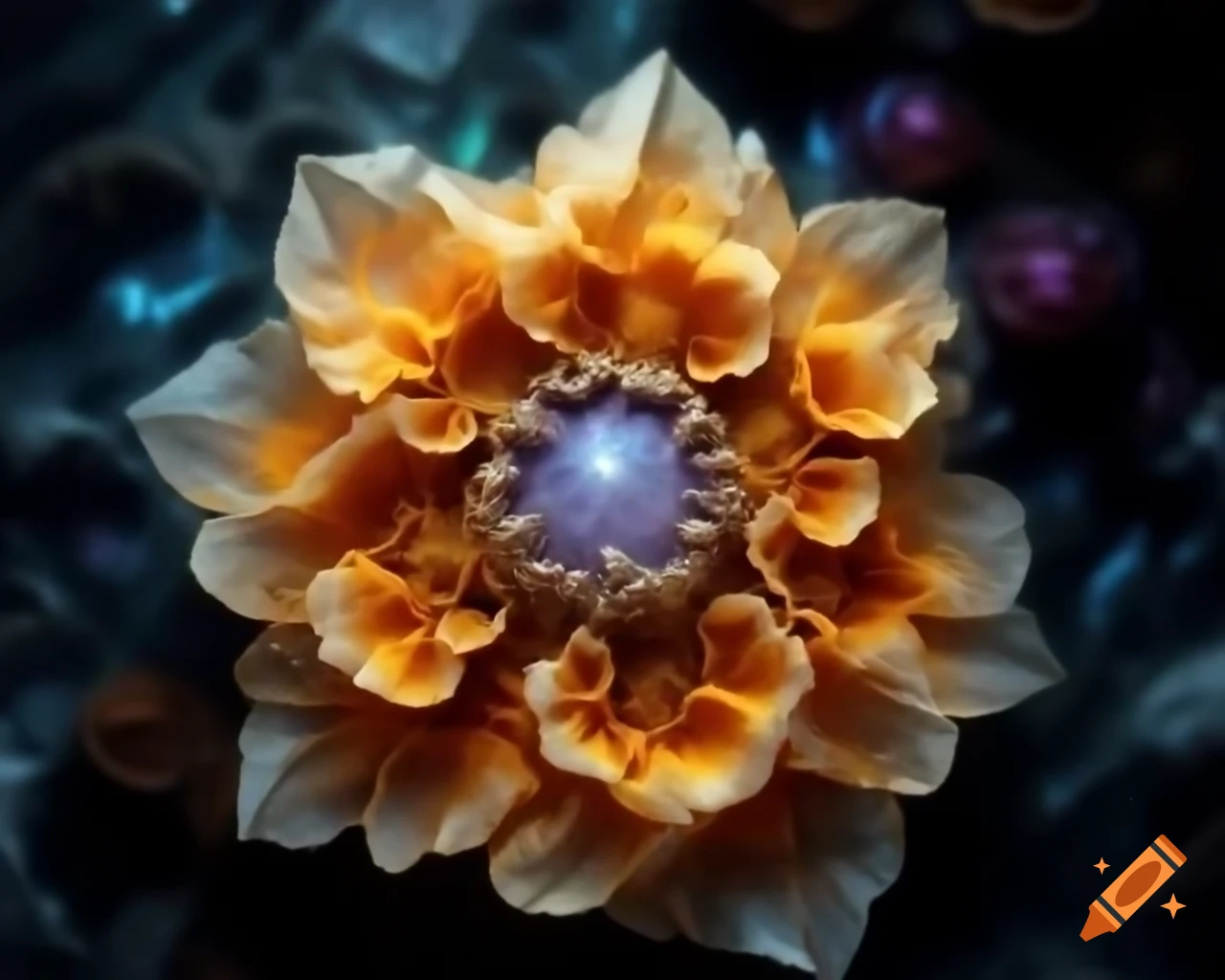 Intricate details of Lady Palutena's celestial form with shimmering petals