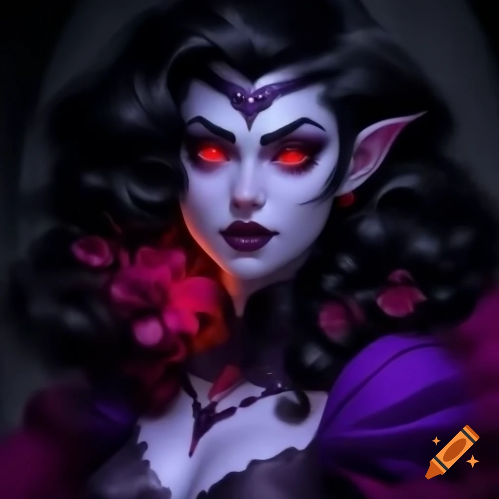Vampiric woman in purple dress with black curls and ruby red eyes
