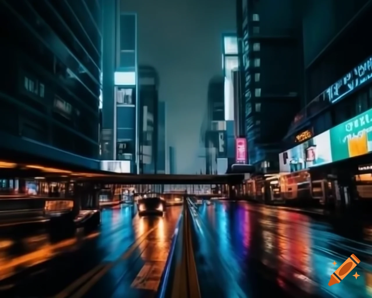 Cinematic night cityscape with neon lights and towering skyscrapers