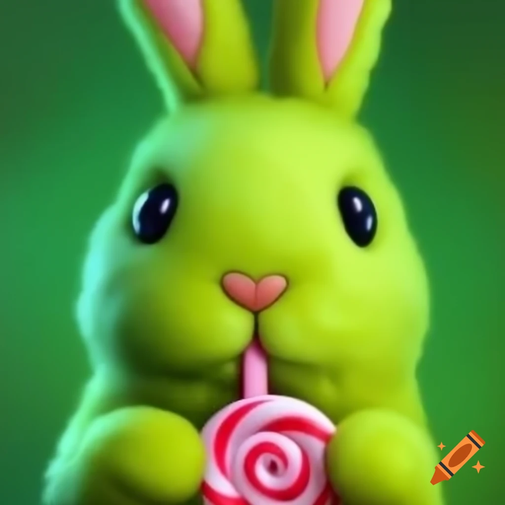 Cartoon fluffy green rabbit with floppy ears holding a lollipop