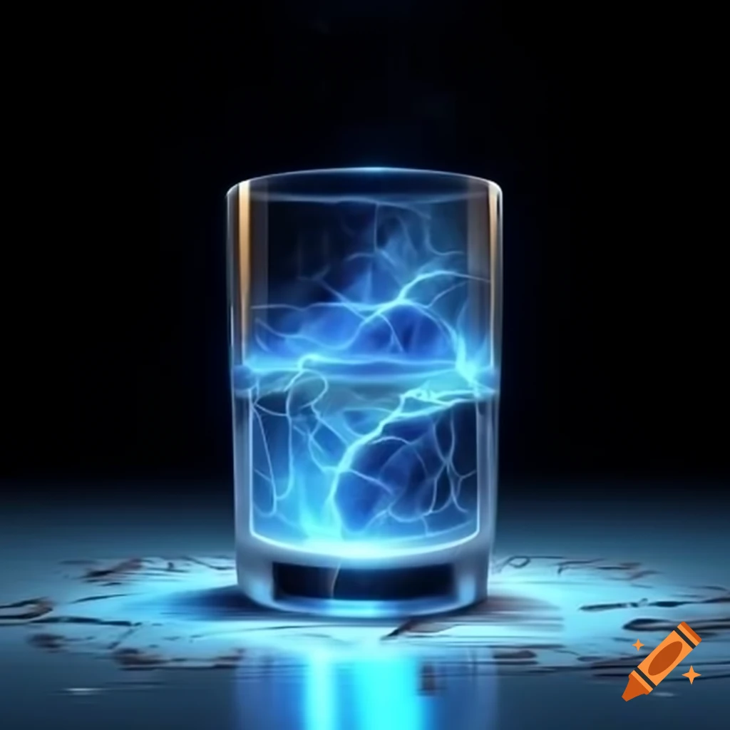 Clear glass with shimmering electric blue drink and sparkles on the surface
